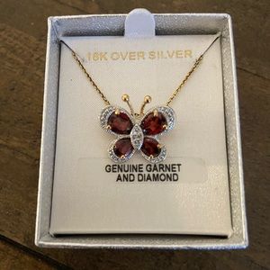 Garnet and Diamond Butterfly Necklace (18k gold plated)